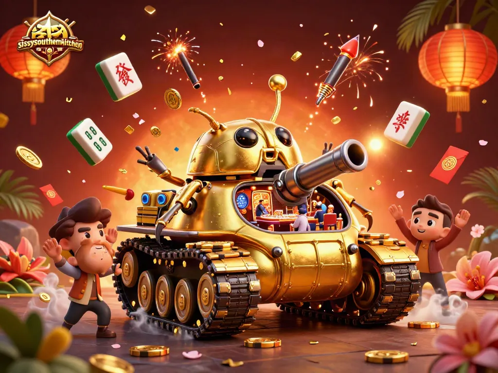 Sissyssouthernkitchen showcases a vibrant cartoon casino scene with golden beetle tank and lively game elements.