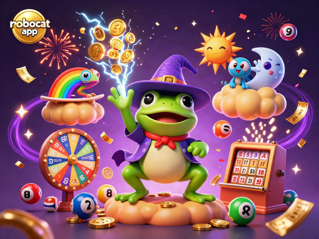 Spin and win with the robocat app in this vibrant casino-themed illustration showcasing exciting games.