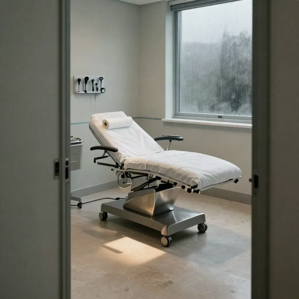 Consulta médica vacía con camilla, bandeja de acero y luz de lluvia en la ventana.