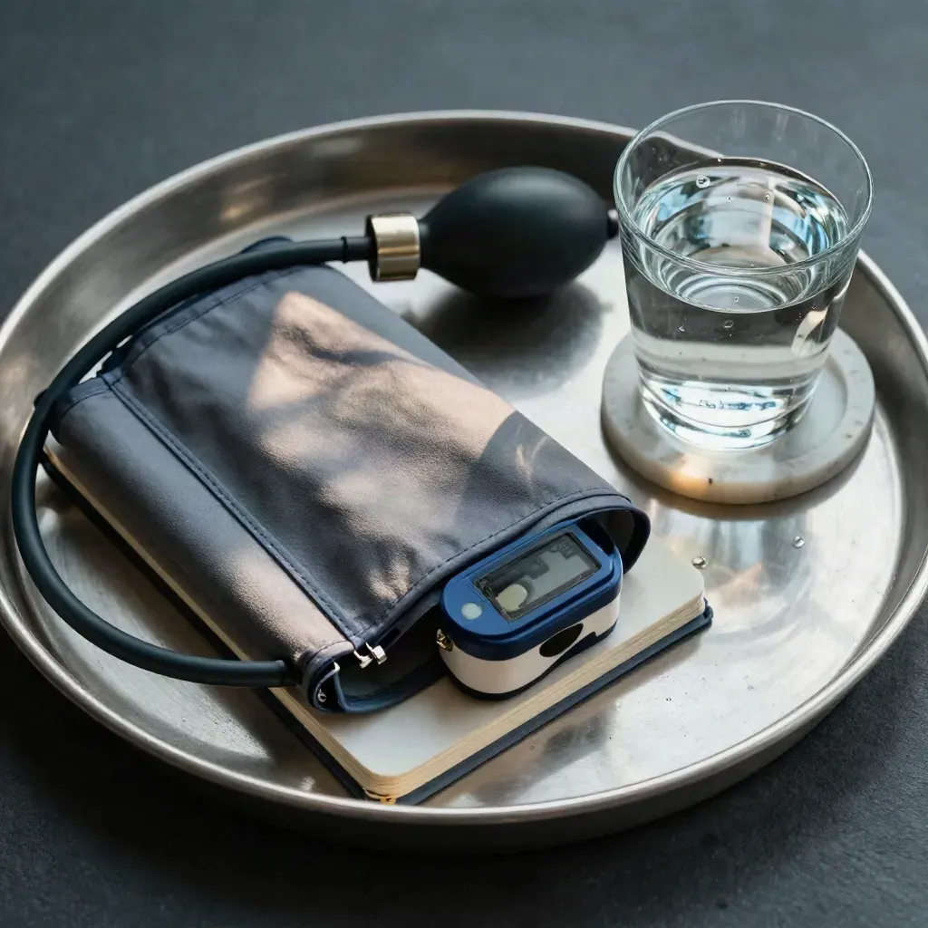 Kit de chequeo anual sobre bandeja metálica con tensiómetro, pulsioxímetro, cuaderno y vaso de agua.