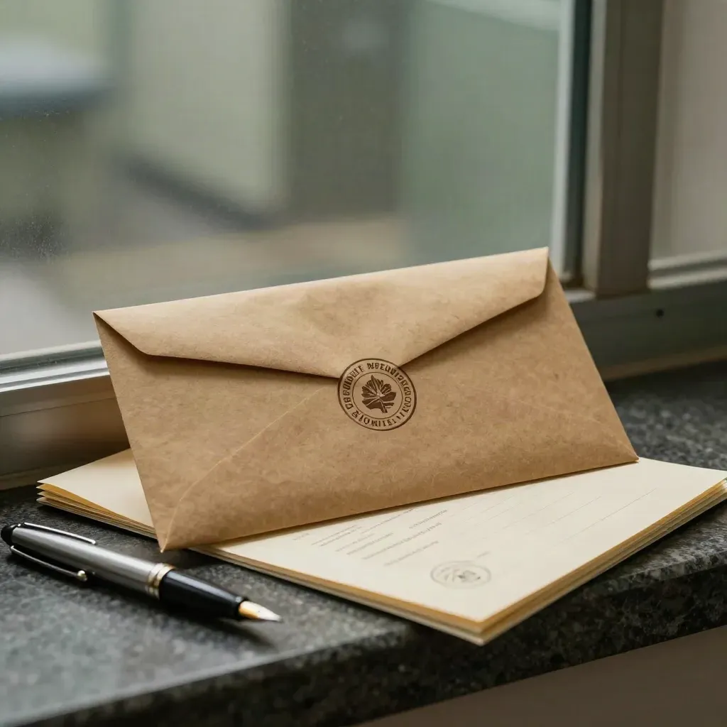 Sobre una repisa de piedra oscura, un sobre kraft sellado y una carpeta con certificado médico listos para recoger.