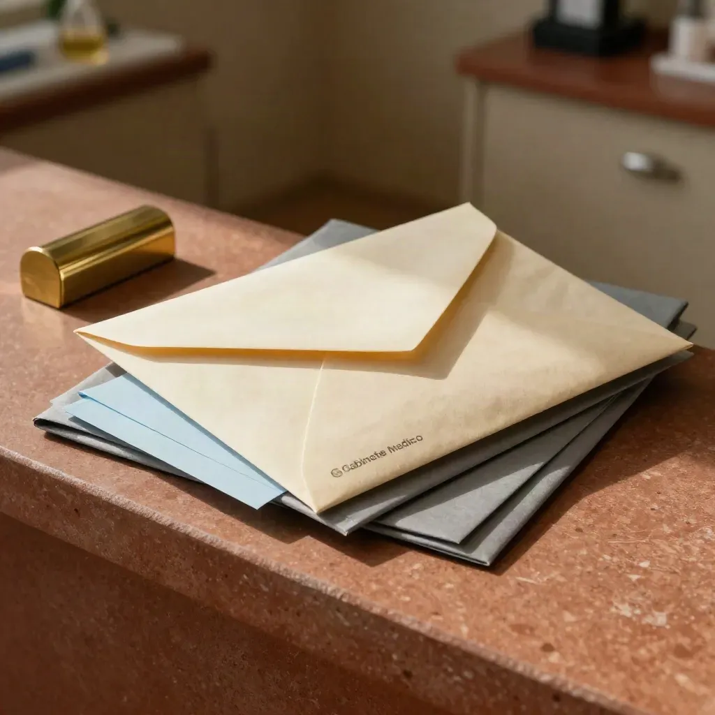 Carpeta y sobre de derivación clínica sobre una superficie terracota, con luz cálida.