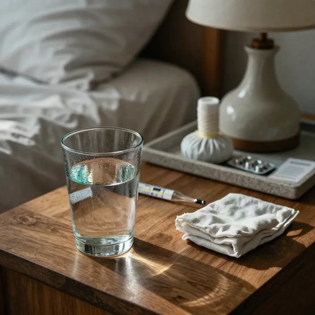 Rincón de recuperación con vaso de agua, termómetro, compresa fría y blíster junto a la cama.