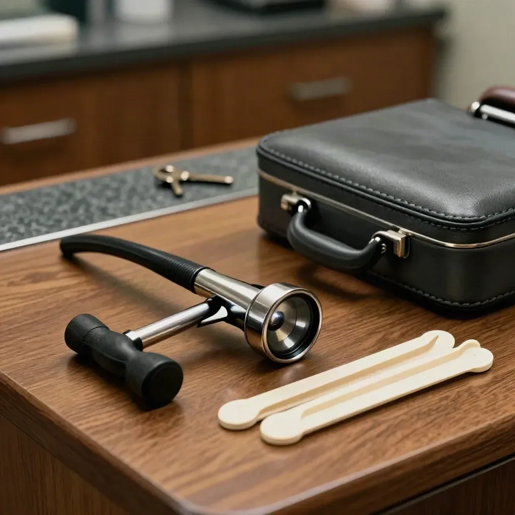 Kit médico general con otoscopio, martillo de reflejos y estuche sobre madera oscura.