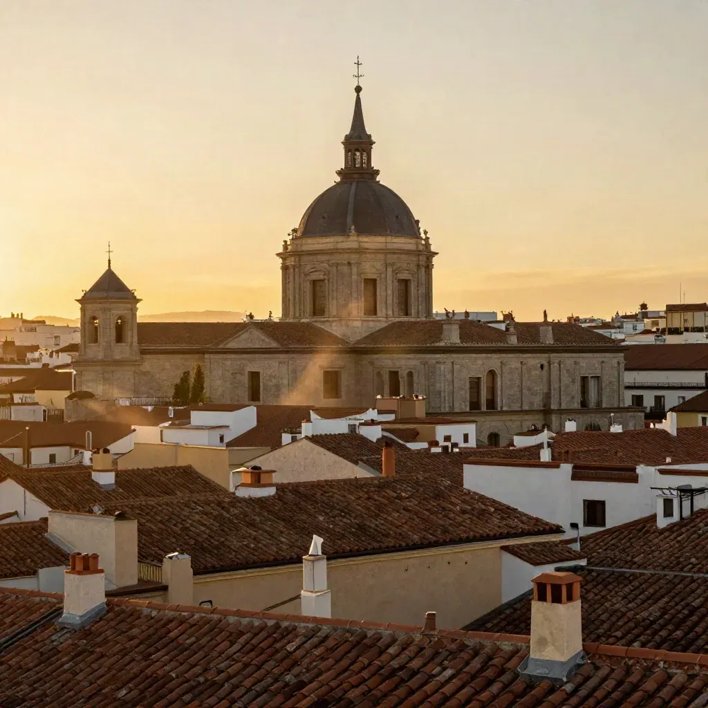 Tejados del centro de Madrid al atardecer con cúpula de iglesia y bruma dorada.