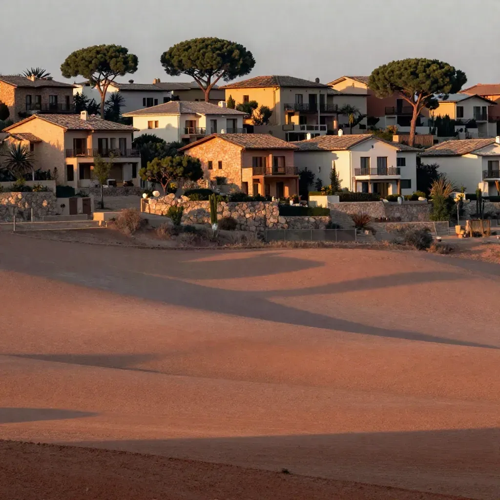 Paisaje del oeste con pinos, casas bajas y piedra ocre al atardecer, con espacio suave para texto.