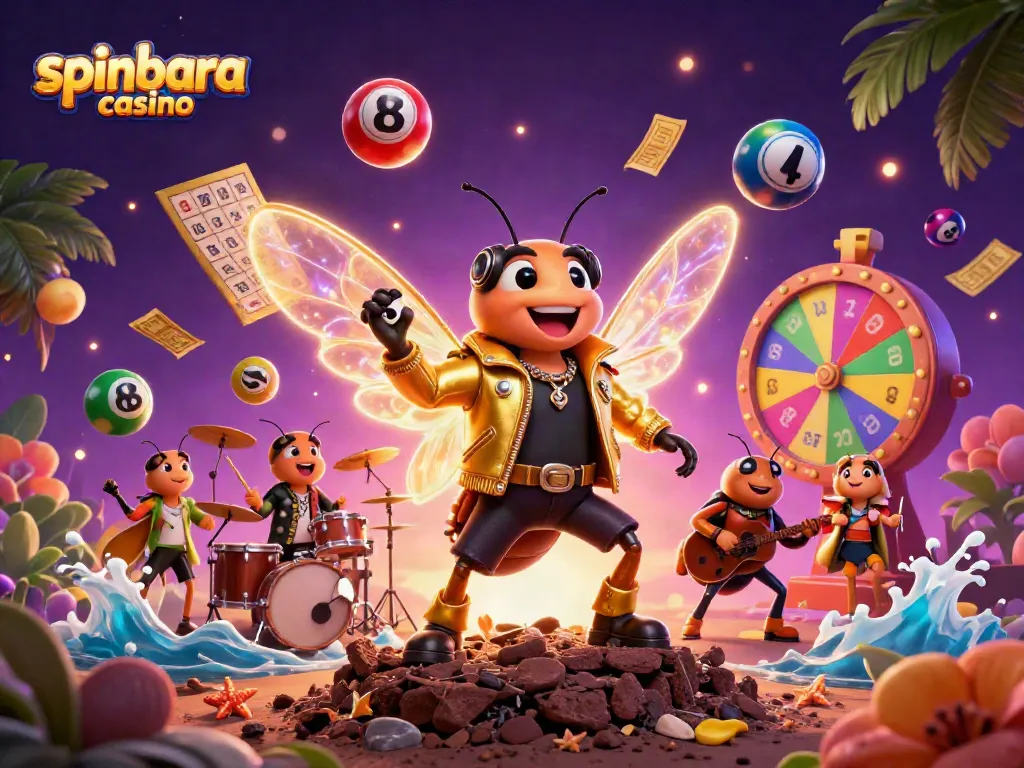 Experience the excitement of spinbara casino with a vibrant 3D scene of drawn characters and game elements.