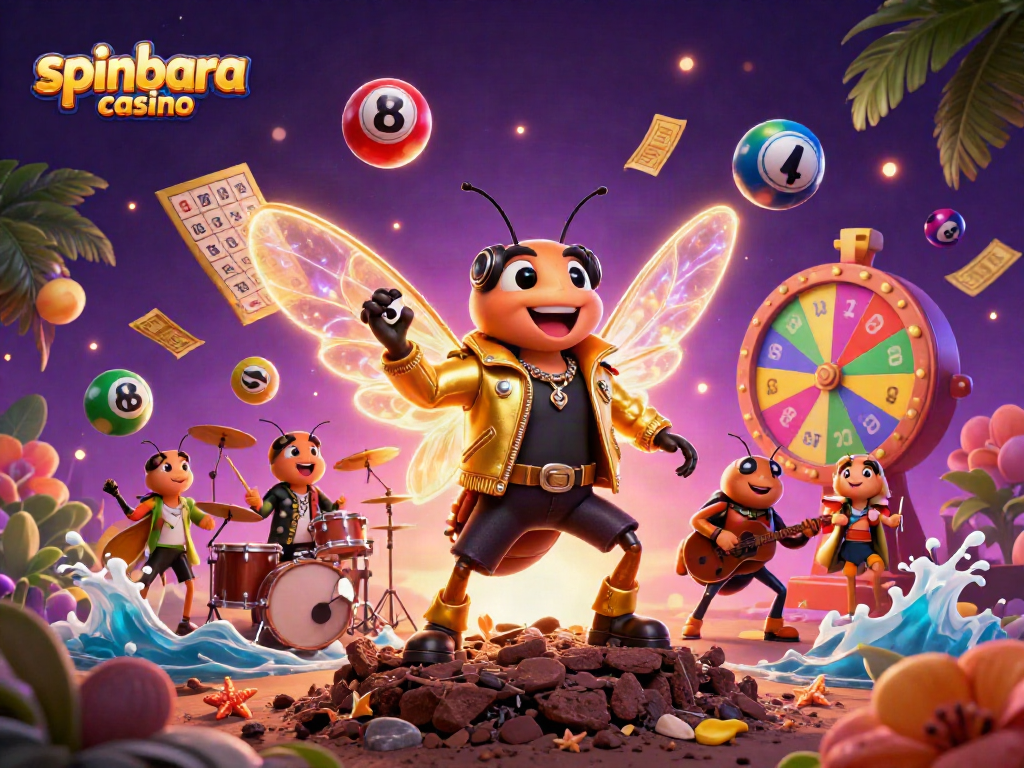 Experience the excitement of spinbara casino with a vibrant 3D scene of drawn characters and game elements.
