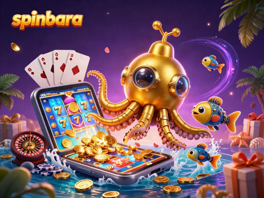 Spinbara's golden kraken submarine emerges amidst golden coins, featuring a vibrant slot game and casino elements.